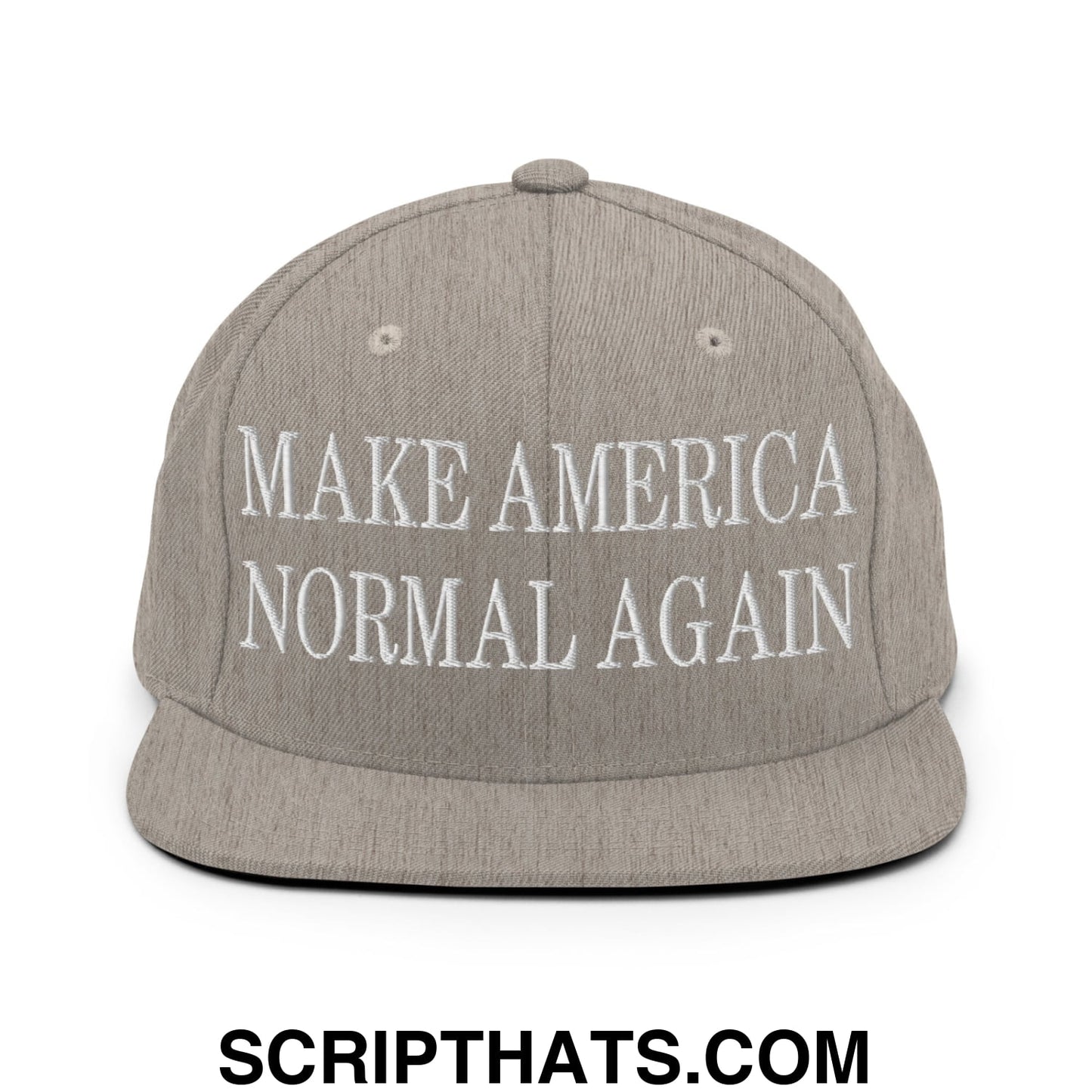 Gray snapback cap with white embroidered make america normal again text and flat bill brim design