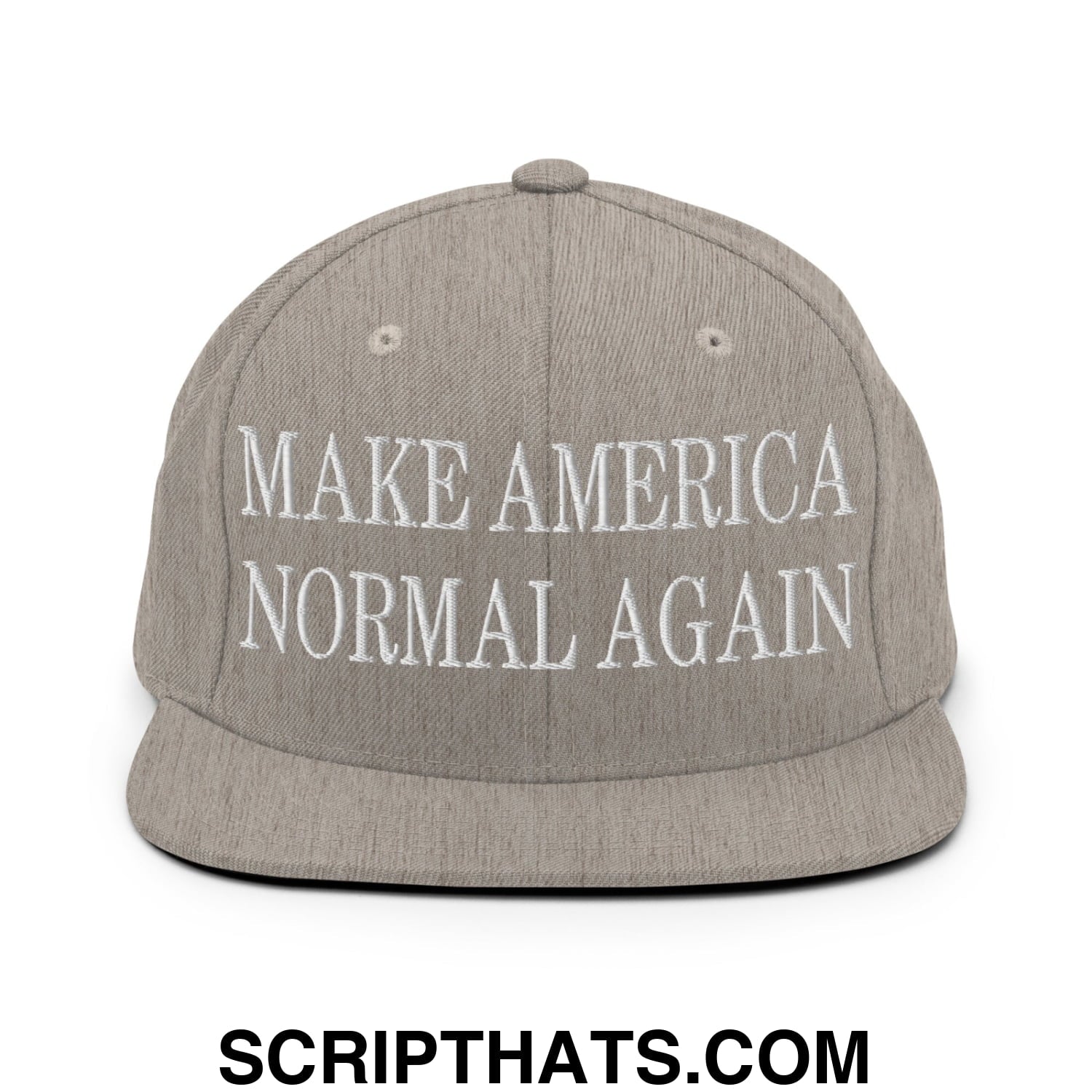 Gray snapback cap with white embroidered make america normal again text and flat bill brim design