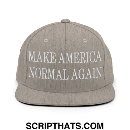 Gray snapback cap with white embroidered make america normal again text and flat bill brim design
