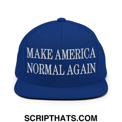 Royal blue snapback hat with white embroidered make america normal again text and flat bill brim design