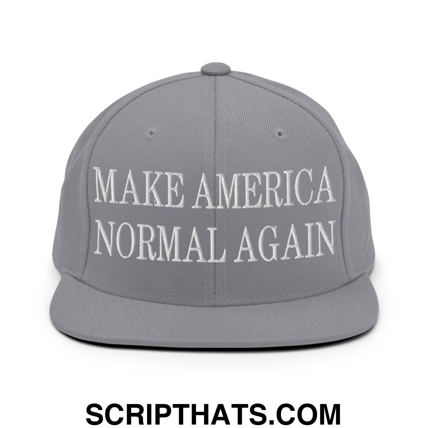 Gray snapback cap with white embroidered make america normal again text and flat bill brim for casual wear