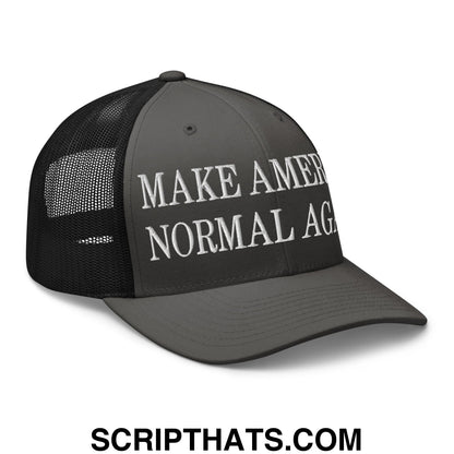 Black mesh trucker hat with white embroidered make america normal again text on the front panel