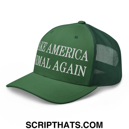 Green mesh trucker hat with white embroidered make america great again text on the front for casual wear