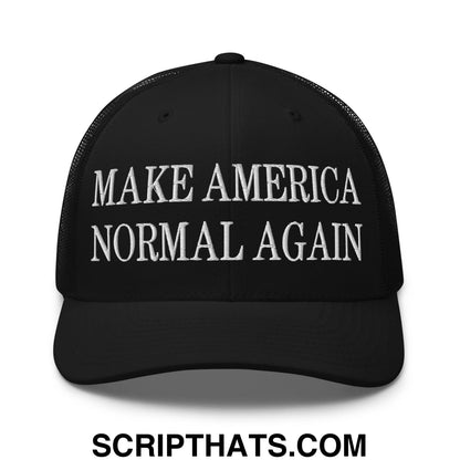 Black mesh trucker hat with white embroidered make america normal again text for casual wear