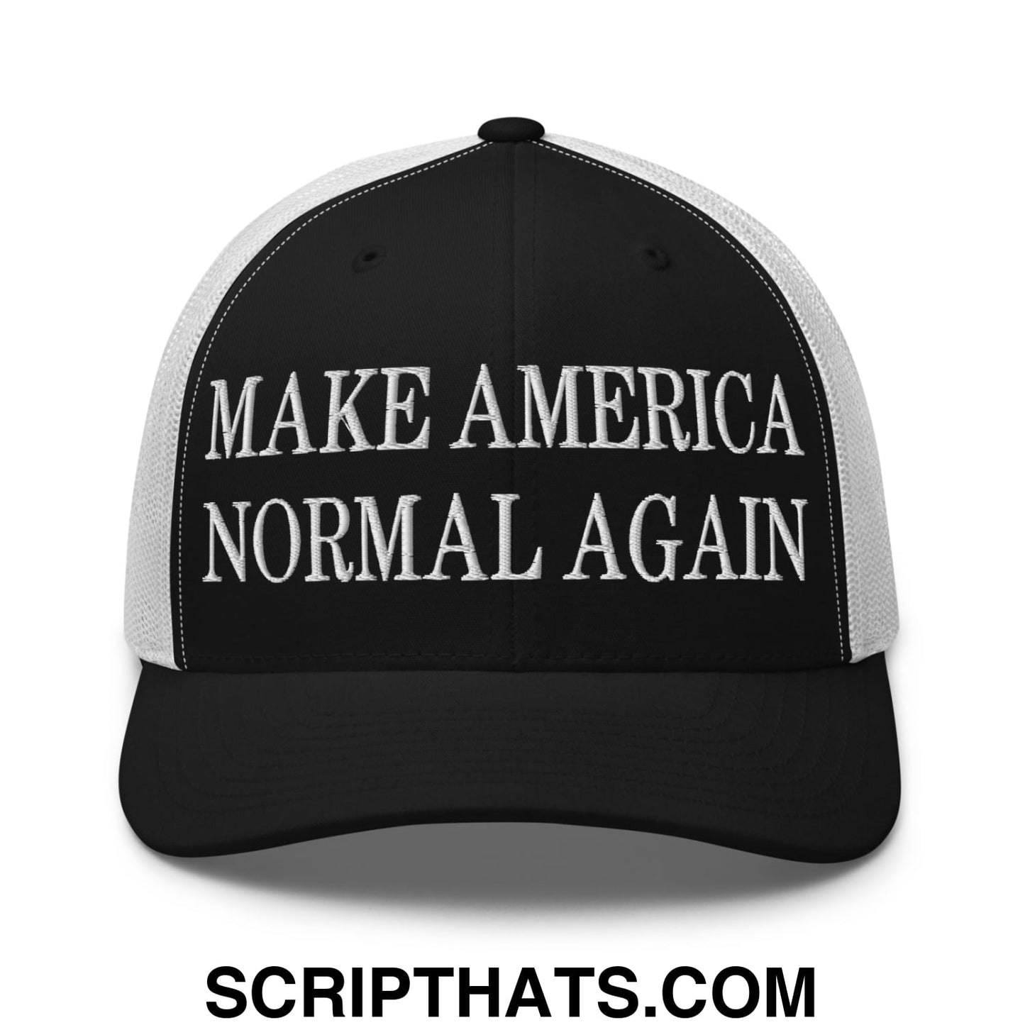 Black and white mesh trucker hat with make america normal again embroidered in bold raised lettering on the front