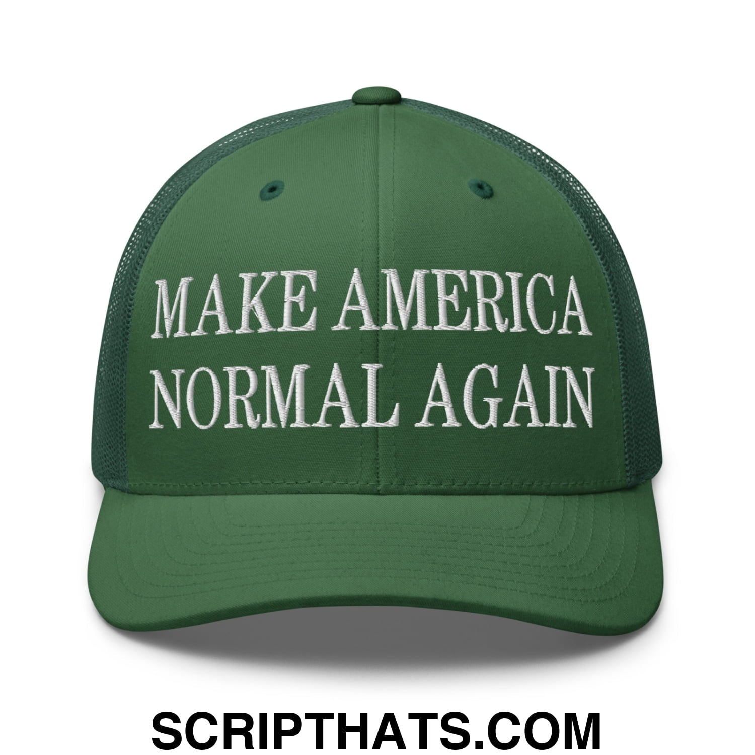Green mesh trucker hat with white embroidered make america normal again text on the front panel