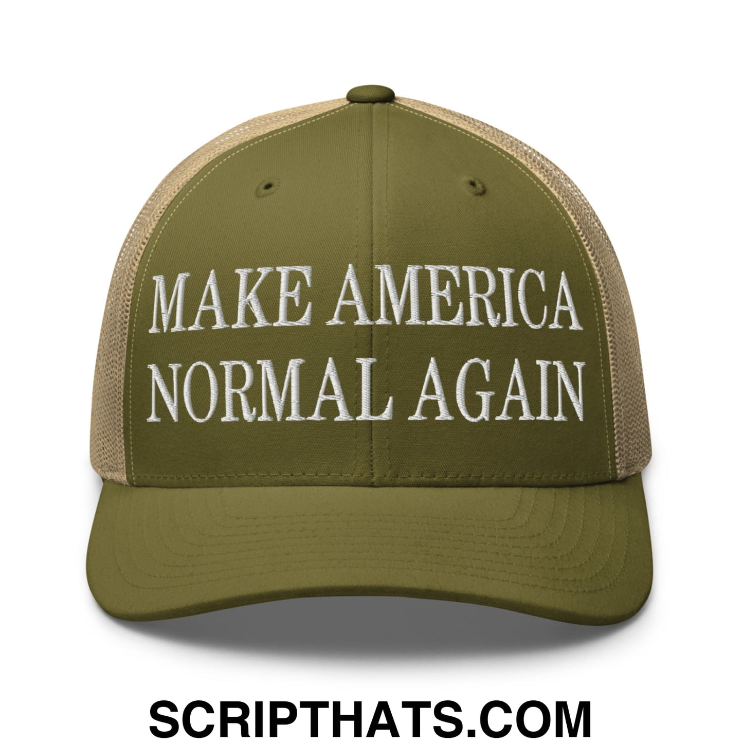 Olive green and beige mesh trucker hat with white embroidered make America normal again text in front panel