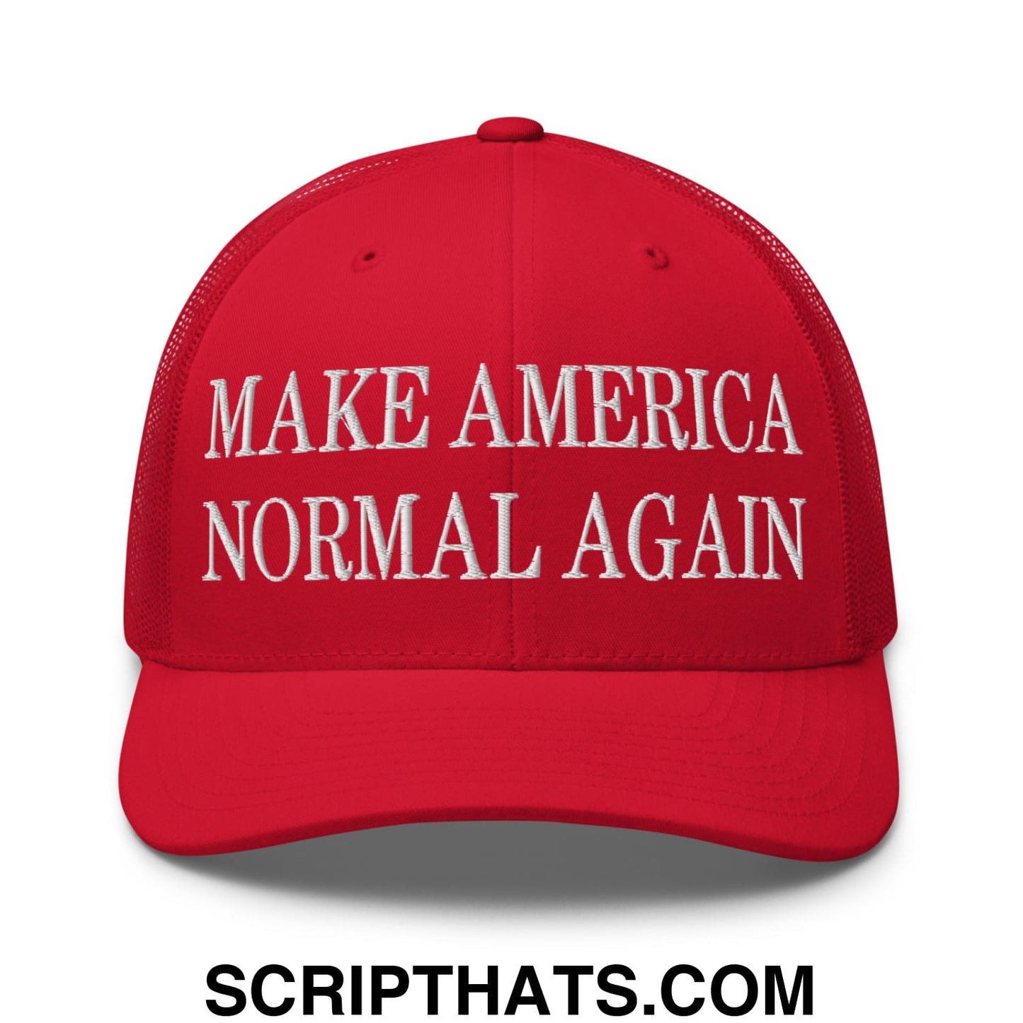 Red mesh trucker hat with white embroidered make America normal again text for casual wear