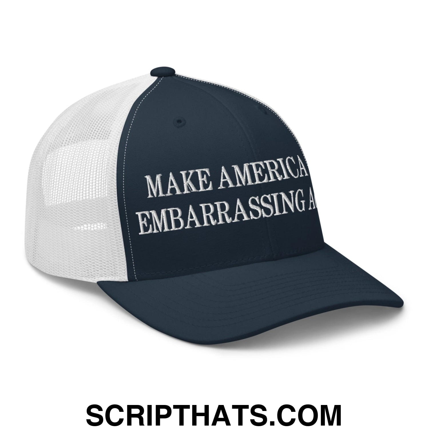 Make America Not Embarrassing Again Embroidered Mesh Trucker Hat Navy White