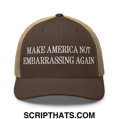 Make America Not Embarrassing Again Embroidered Mesh Trucker Hat Brown Khaki