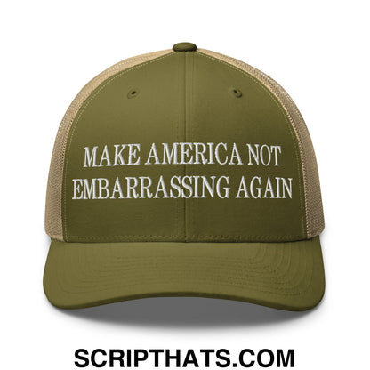 Make America Not Embarrassing Again Embroidered Mesh Trucker Hat Moss Khaki