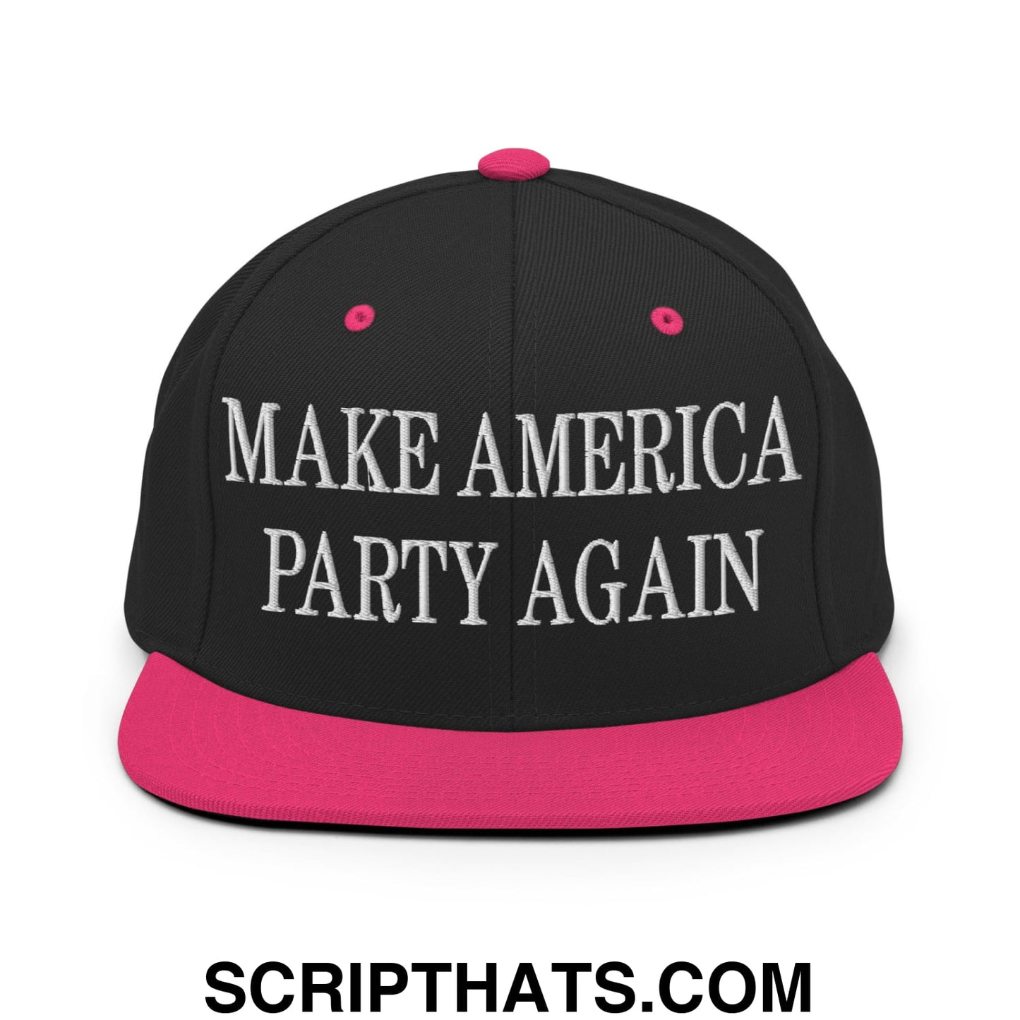 Black snapback cap with vibrant pink brim and button featuring white embroidered text make america party again