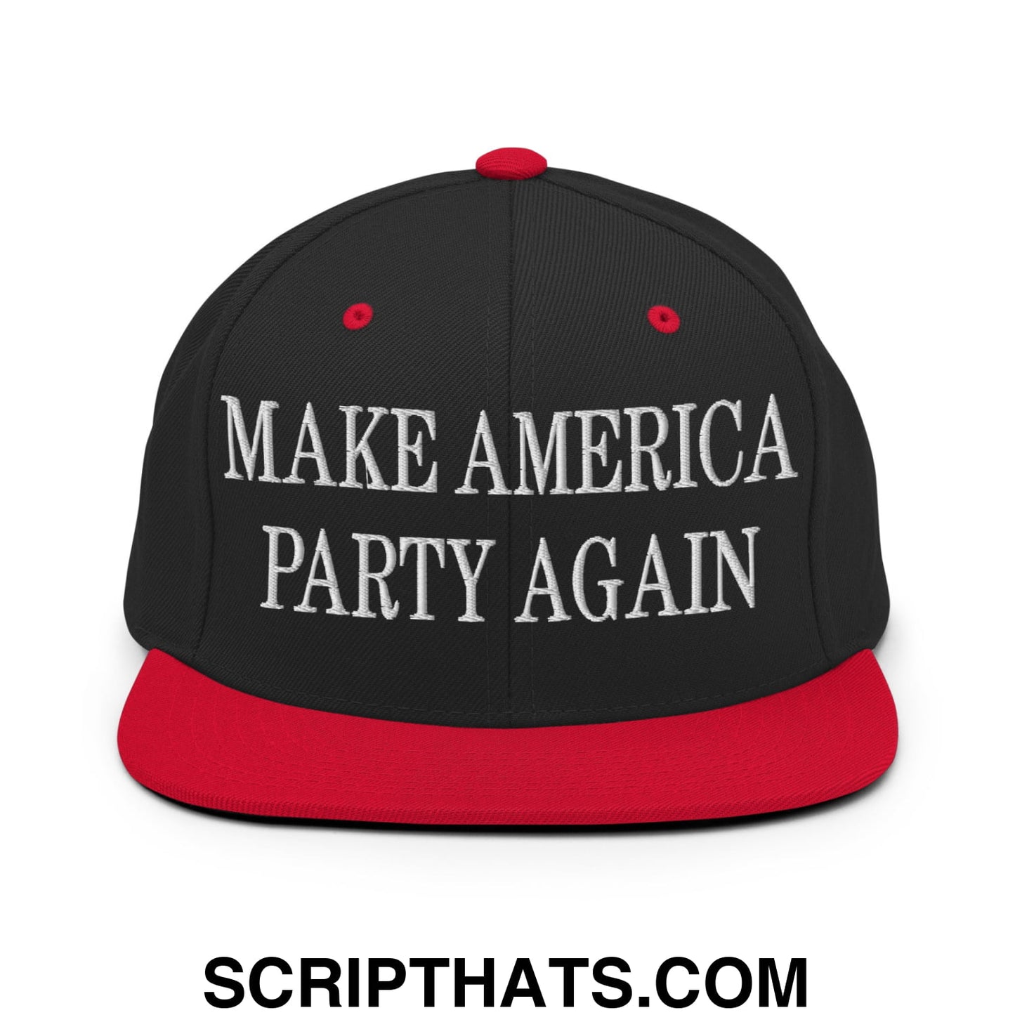 Black and red snapback hat with flat bill brim and white embroidered make america party again text