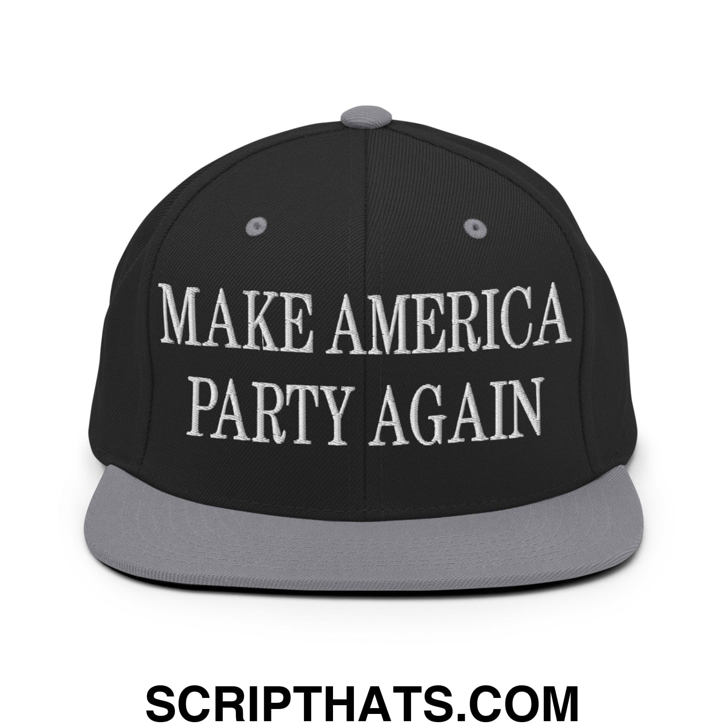 Black snapback cap with gray brim and white embroidered make america party again text flat bill brim snapback hat