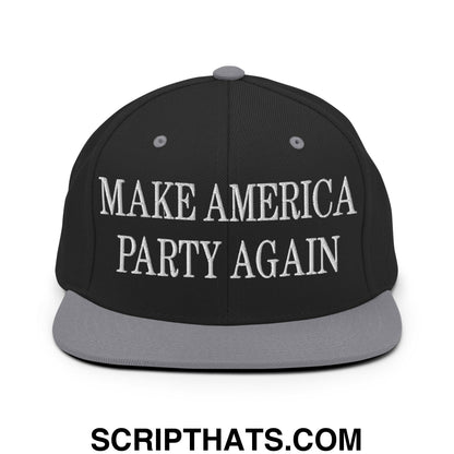 Black snapback cap with gray brim and white embroidered make america party again text flat bill brim snapback hat