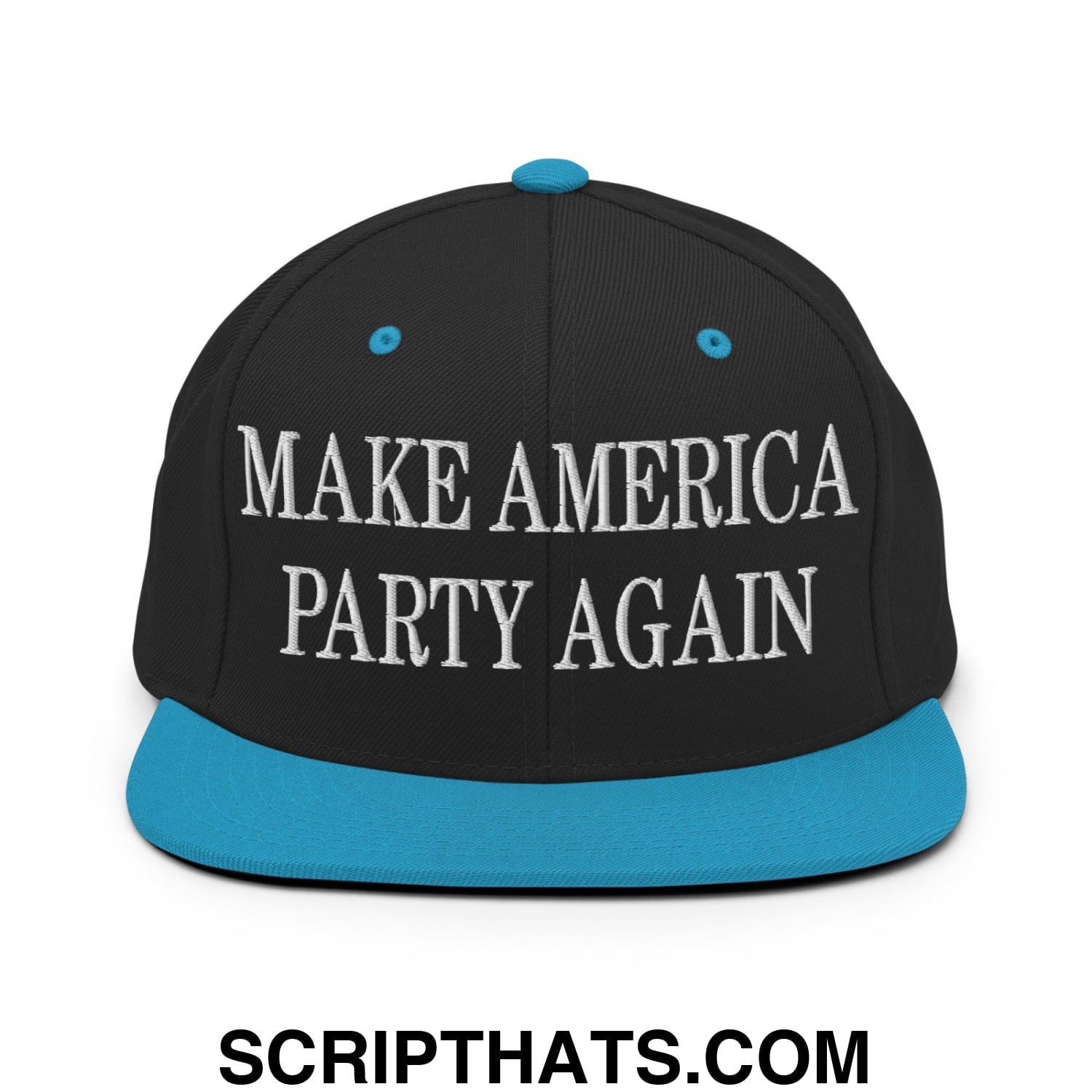 Black snapback hat with white embroidered make america party again text and teal flat bill brim and button