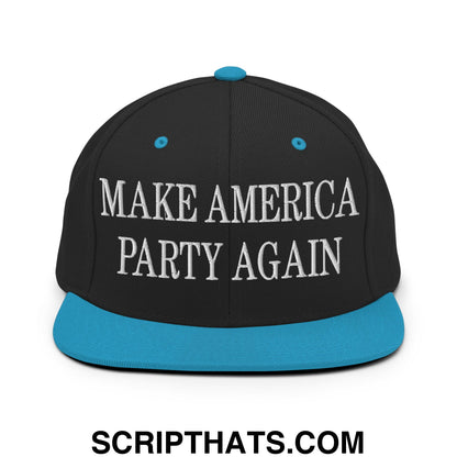 Black snapback hat with white embroidered make america party again text and teal flat bill brim and button