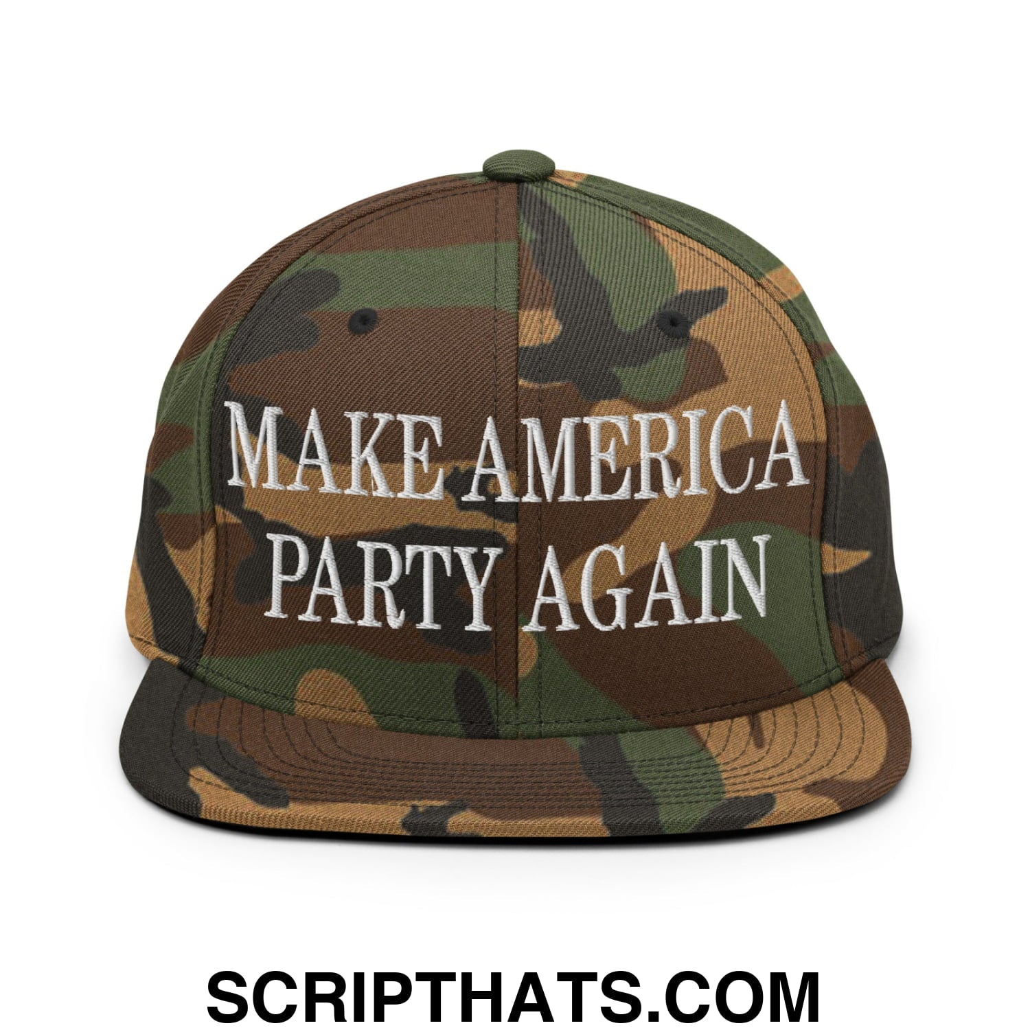 Camouflage snapback cap with white embroidered make america party again text and flat bill brim design
