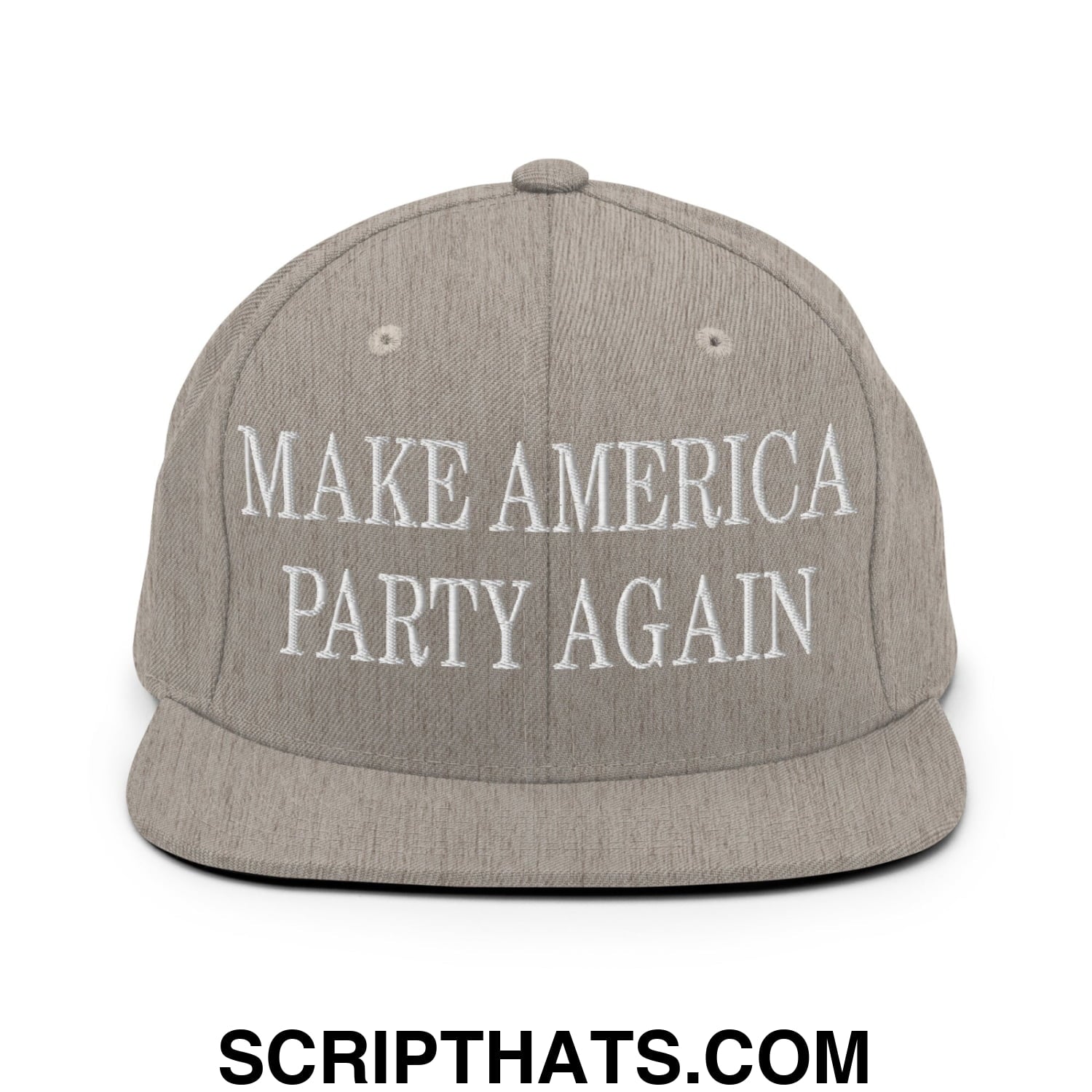 Gray snapback hat with white embroidered make america party again text and flat bill brim for casual wear