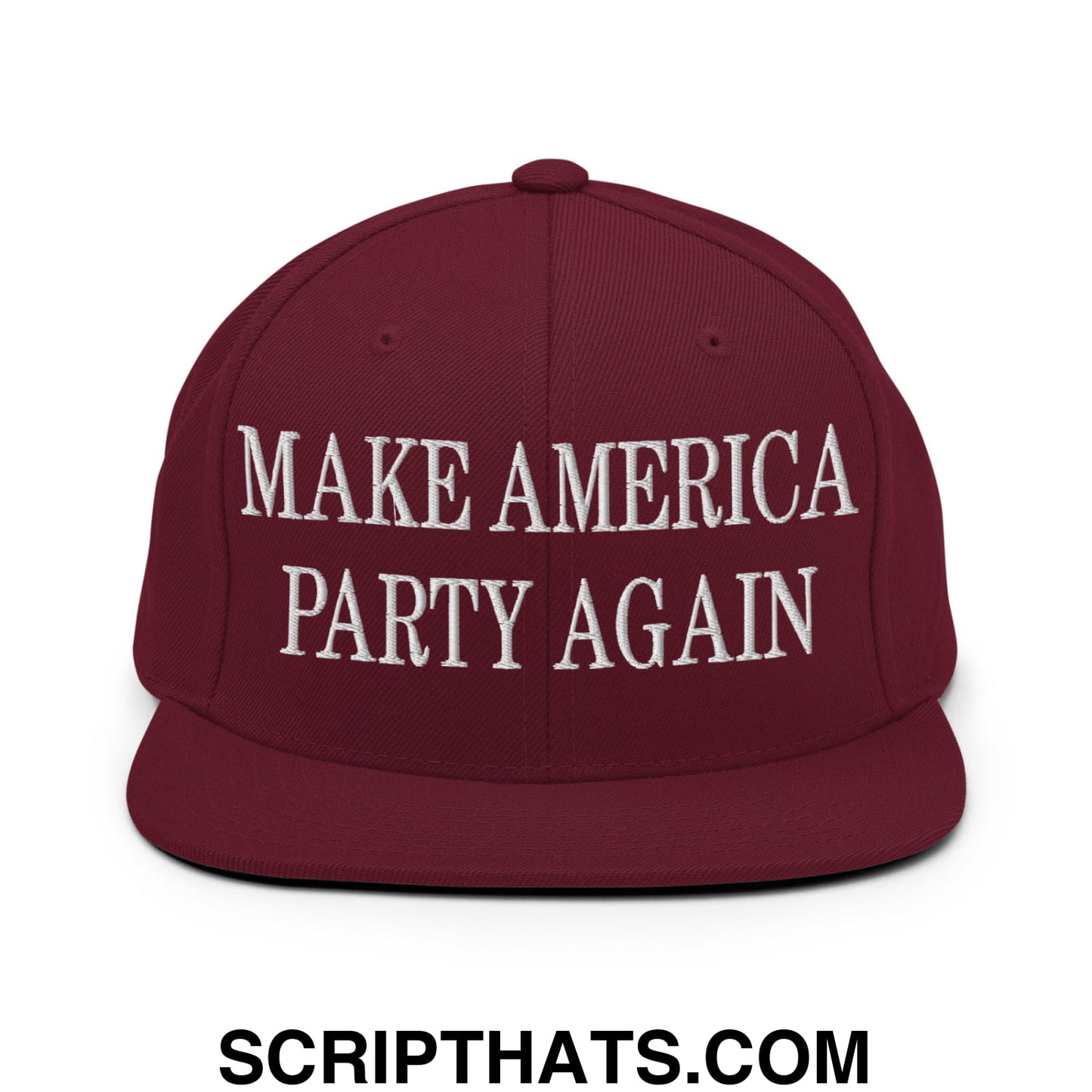 Maroon snapback hat with flat bill brim featuring white embroidered make america party again text