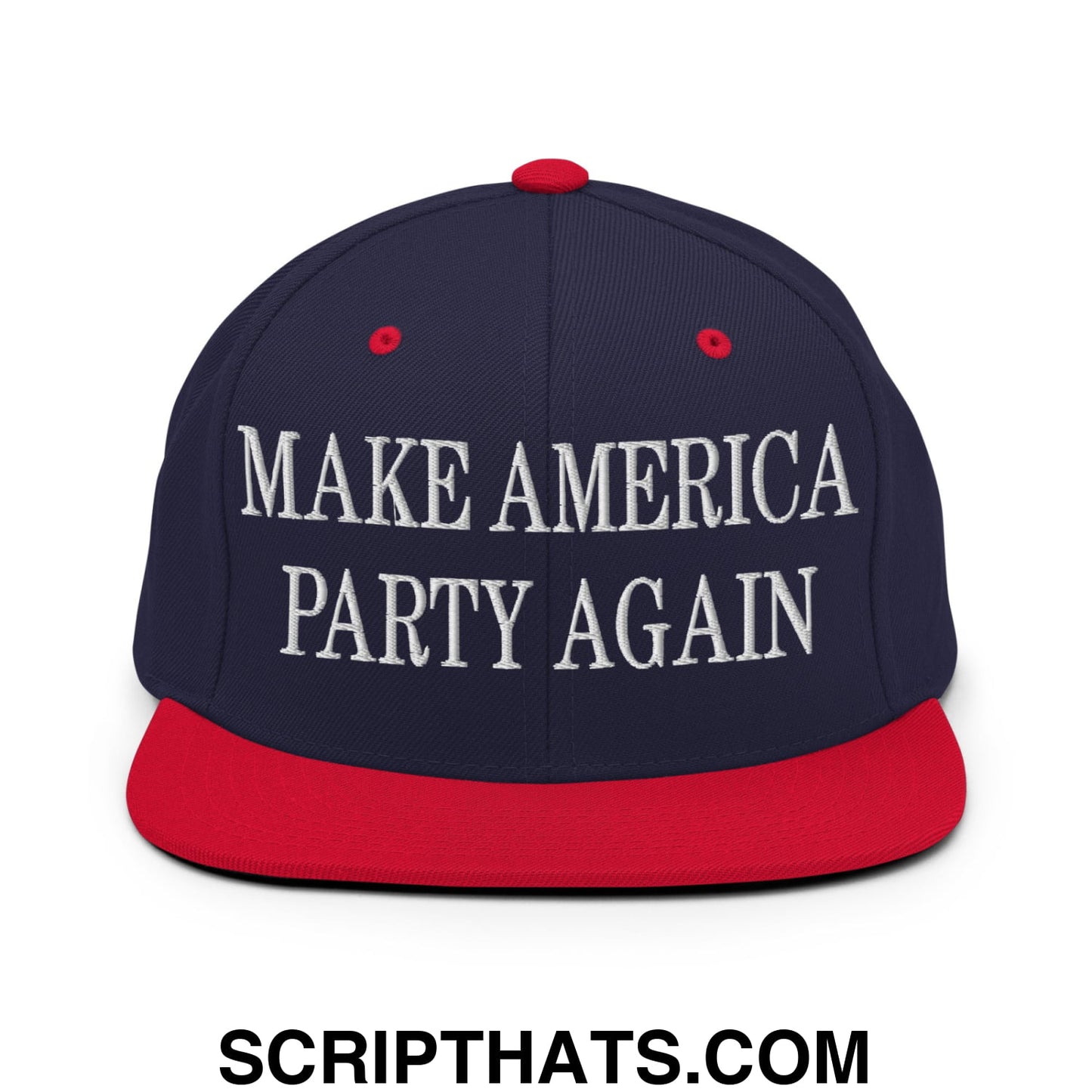 Navy blue and red snapback hat with white embroidered make america party again text and flat bill brim design