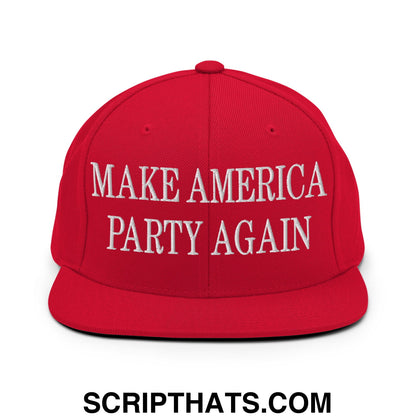 Red snapback hat with white embroidered make america party again text and flat bill brim for casual wear