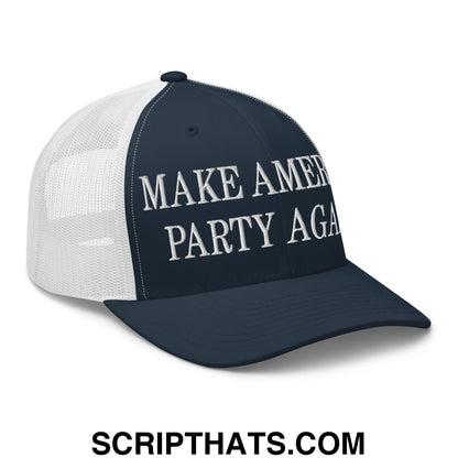 Navy blue and white mesh trucker hat with embroidered make america party again text in bold capital letters