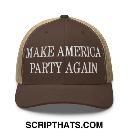 Brown and tan mesh trucker hat with white embroidered make america party again text on the front panel
