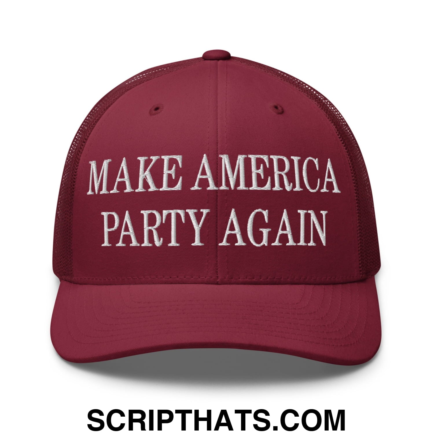 Maroon embroidered mesh trucker hat with white make america party again text for casual wear