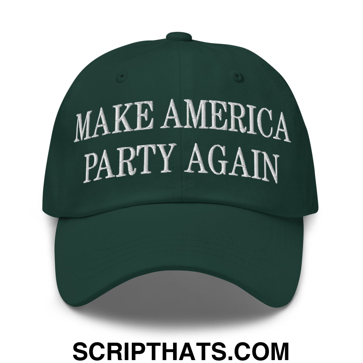 Dark green embroidered unstructured dad hat with white text make america party again for casual wear