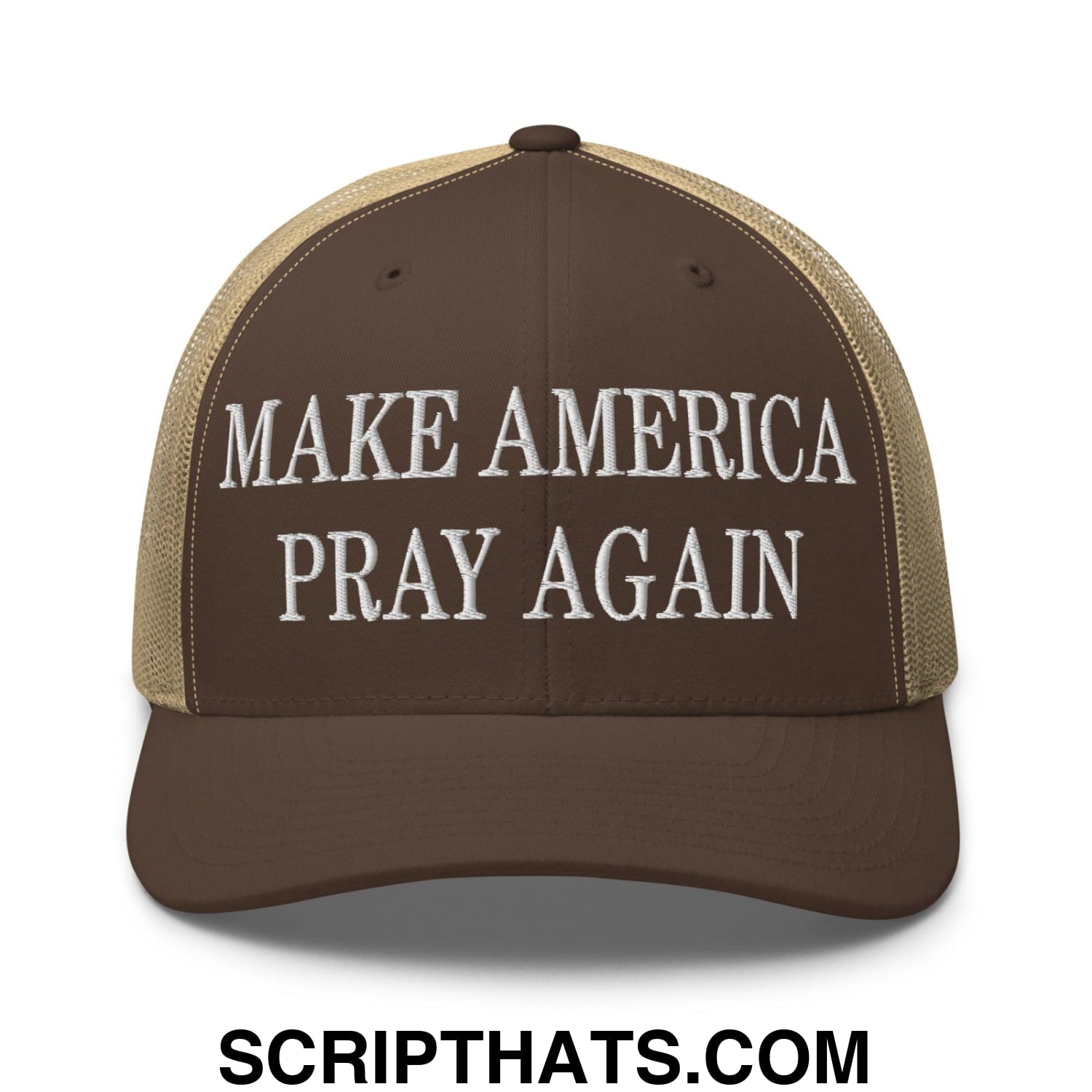 Make America Pray Again Embroidered Mesh Trucker Hat Brown Khaki