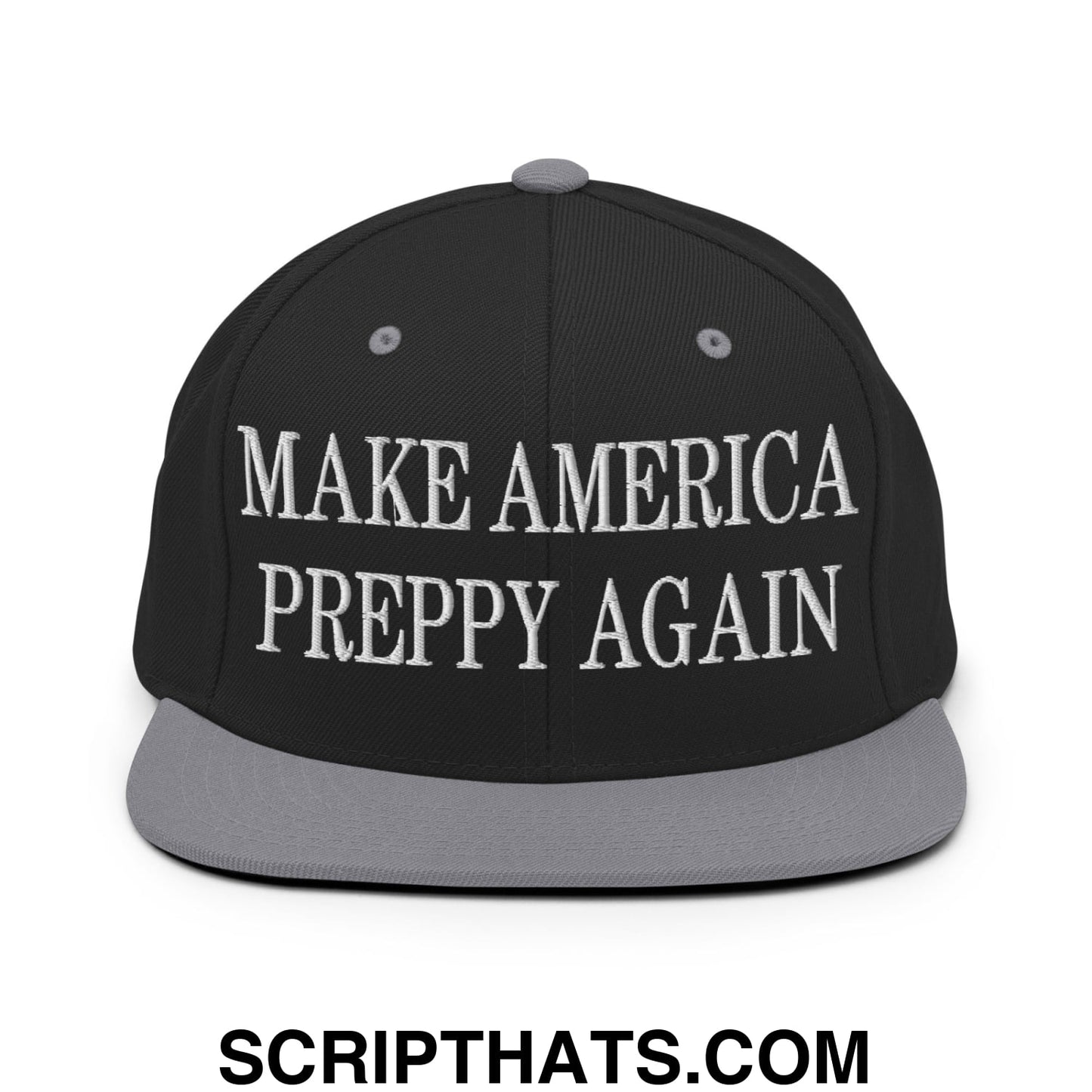 Black snapback hat with gray brim and button featuring white embroidered text make america preppy again
