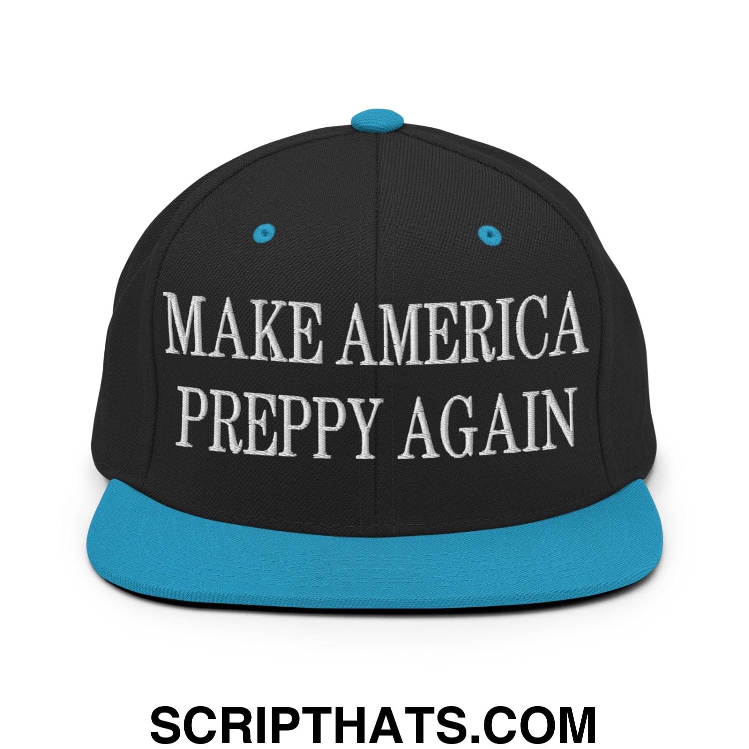 Black snapback cap with teal brim and button featuring white embroidered text make america preppy again