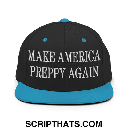 Black snapback cap with teal brim and button featuring white embroidered text make america preppy again