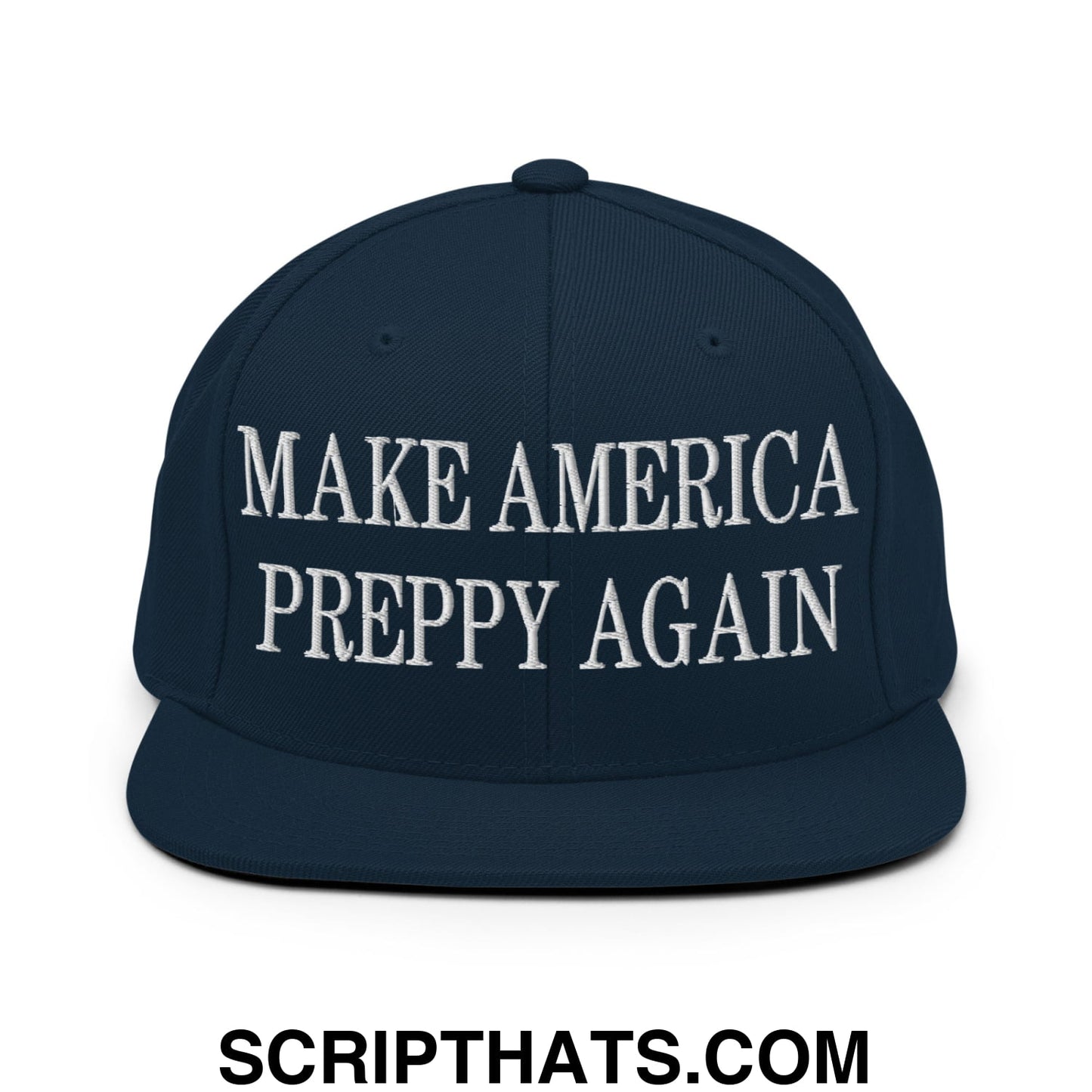 Navy blue snapback hat with white embroidered make america preppy again text and a flat bill brim design
