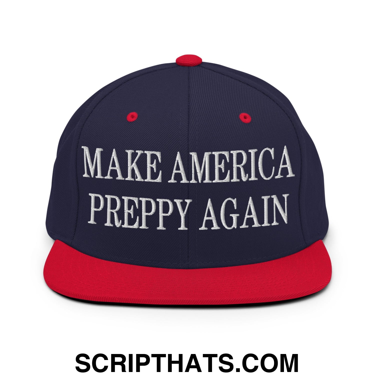 Navy blue and red snapback hat with white embroidered text reading make america preppy again flat bill brim design