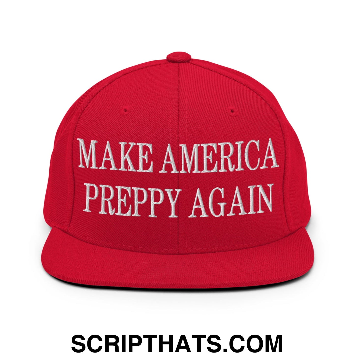 Red snapback cap with white embroidered make America preppy again text and flat bill brim in cotton material