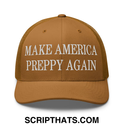 Tan mesh trucker hat with white embroidered Make America Preppy Again text on front panel
