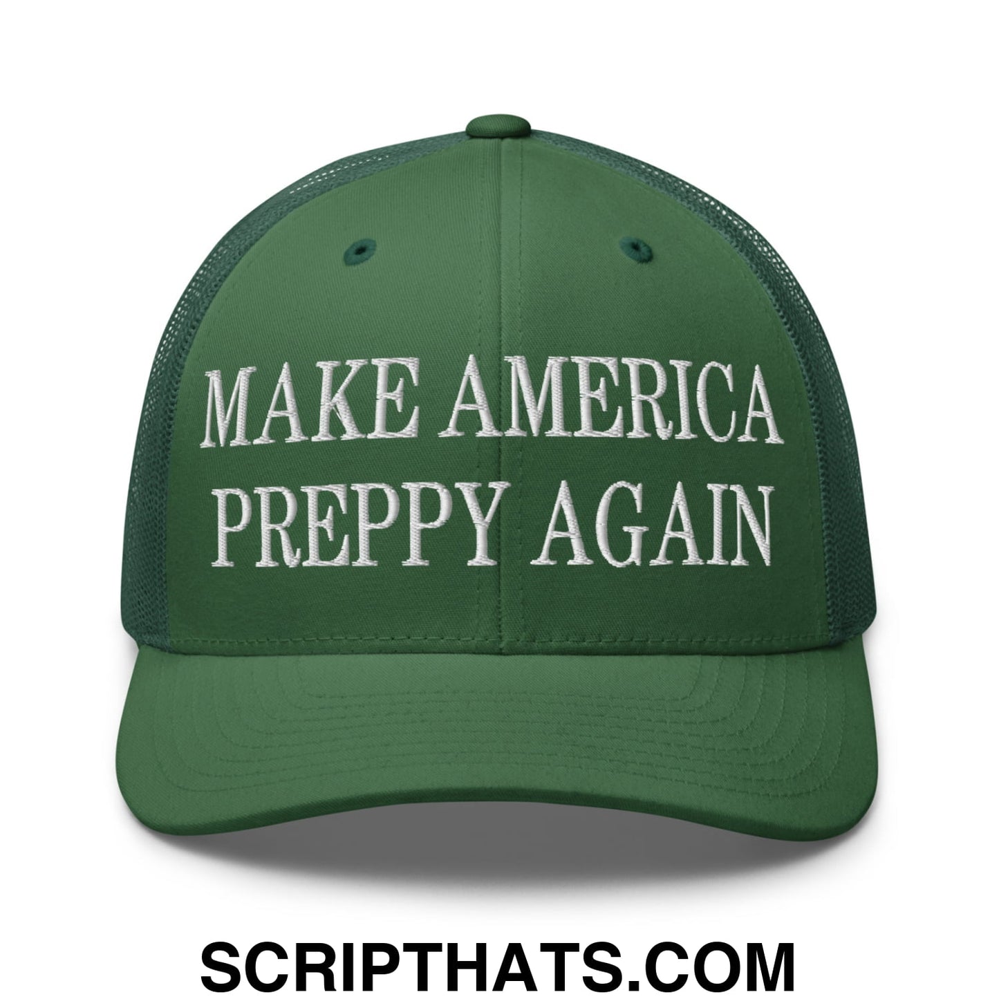 Green mesh trucker hat with white embroidered text make america preppy again on the front panel