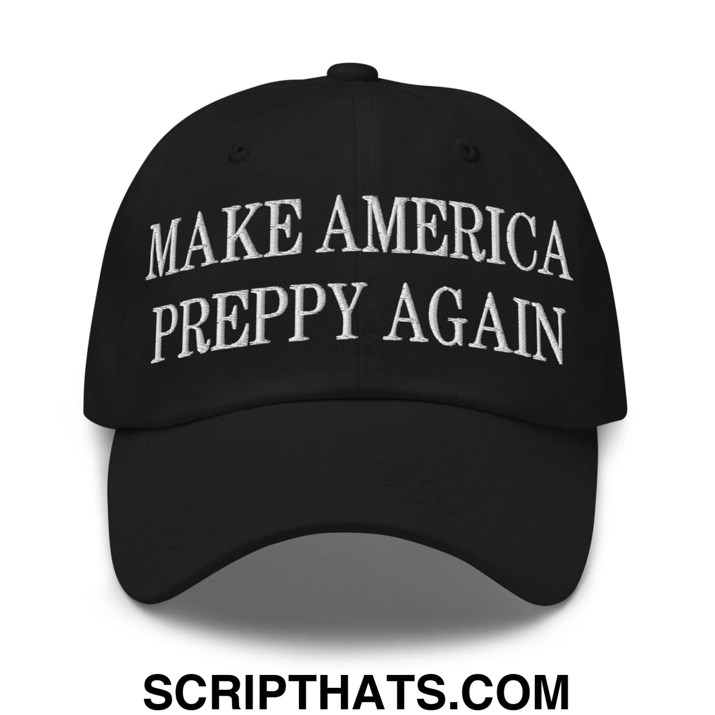 Black unstructured dad hat with white embroidered text make america preppy again for casual wear