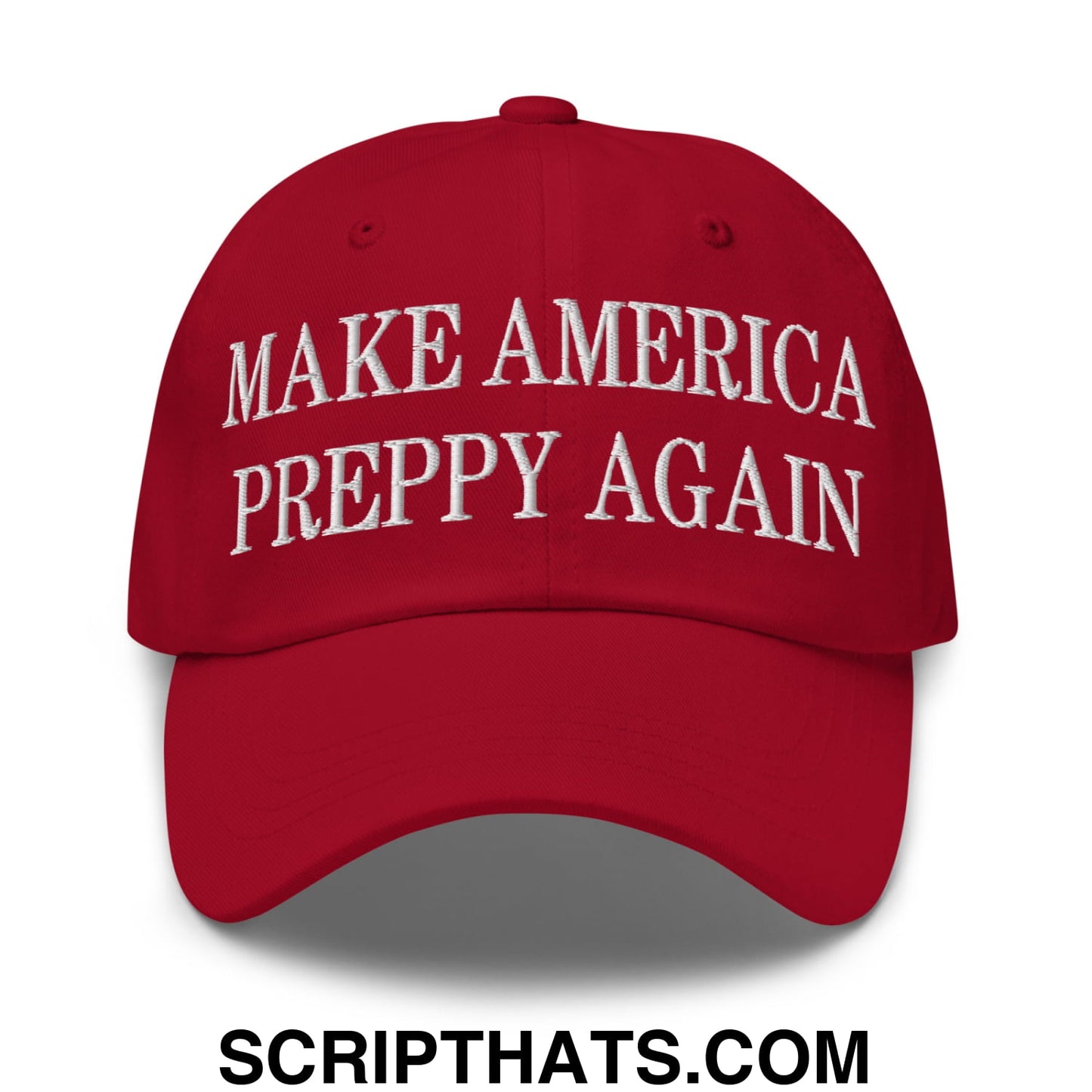A red embroidered unstructured dad hat with white make america preppy again text for casual wear