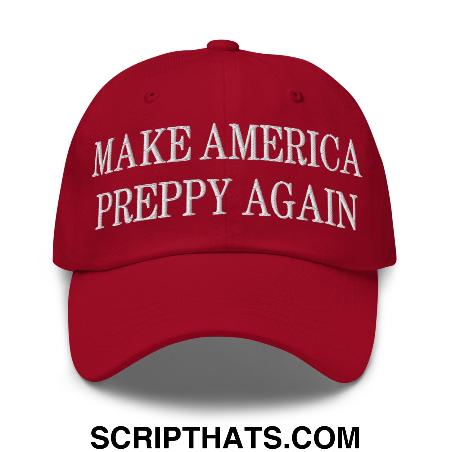 A red embroidered unstructured dad hat with white make america preppy again text for casual wear