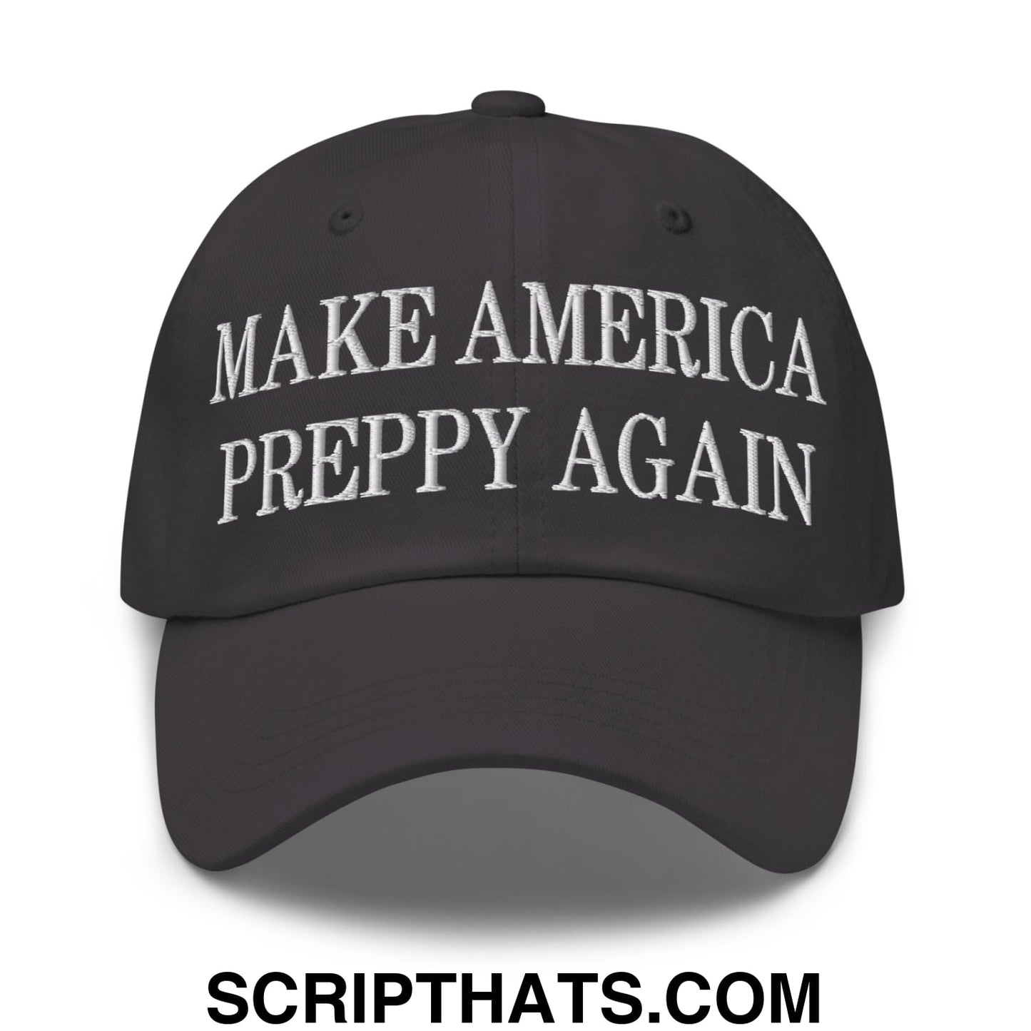 Black unstructured dad hat with white embroidered text make america preppy again for casual wear