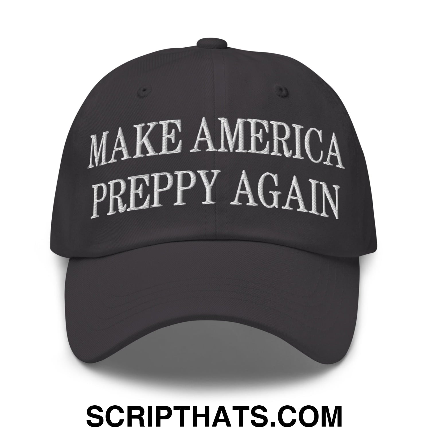 Black unstructured dad hat with white embroidered text make america preppy again for casual wear