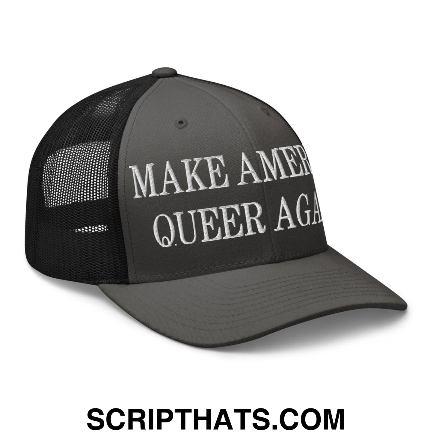 Make America Queer Again Embroidered Mesh Trucker Hat Charcoal Black