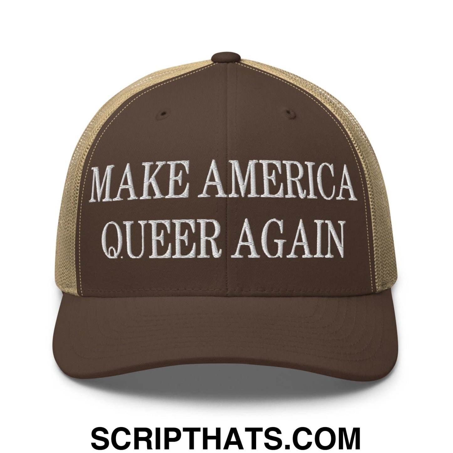 Make America Queer Again Embroidered Mesh Trucker Hat Brown Khaki