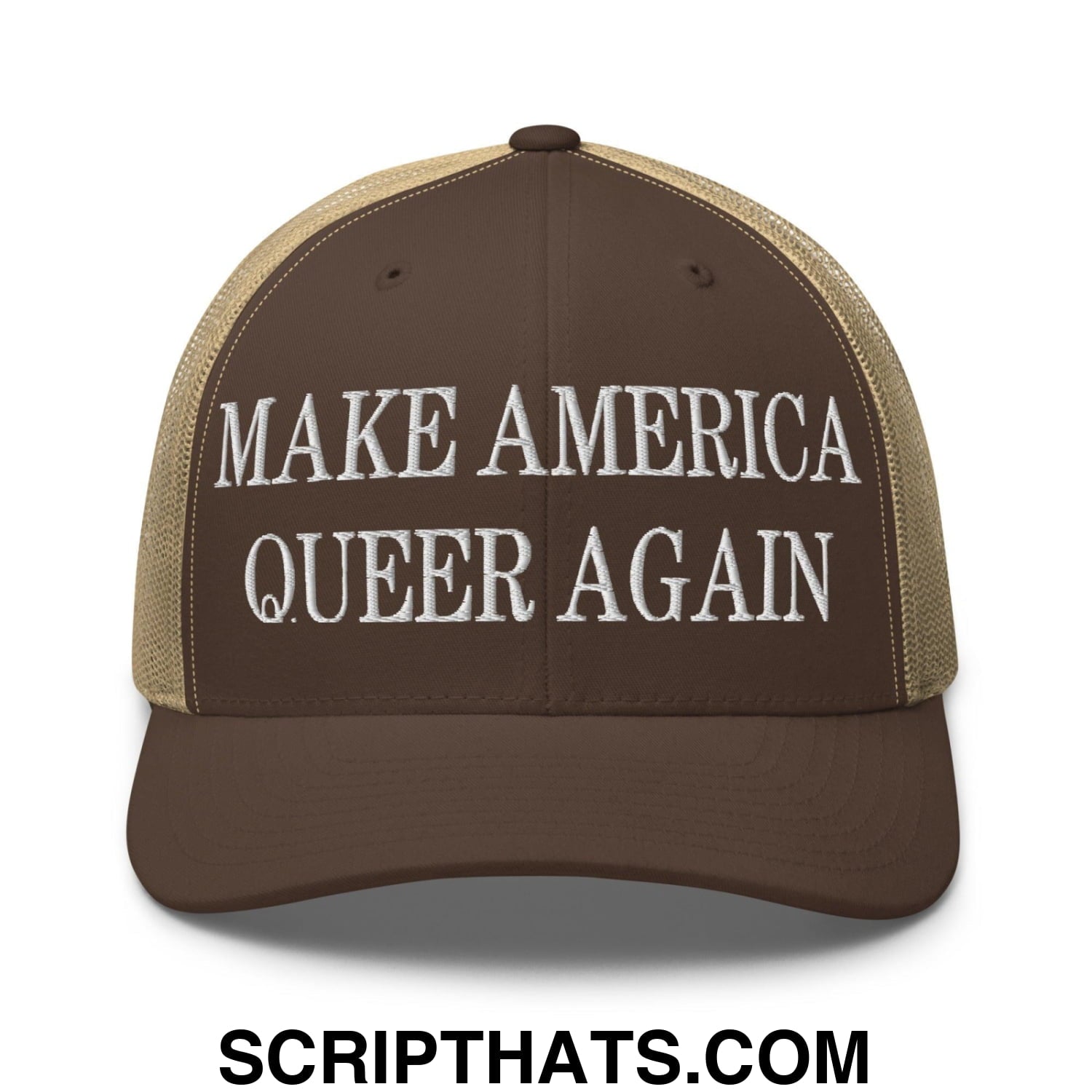 Make America Queer Again Embroidered Mesh Trucker Hat Brown Khaki