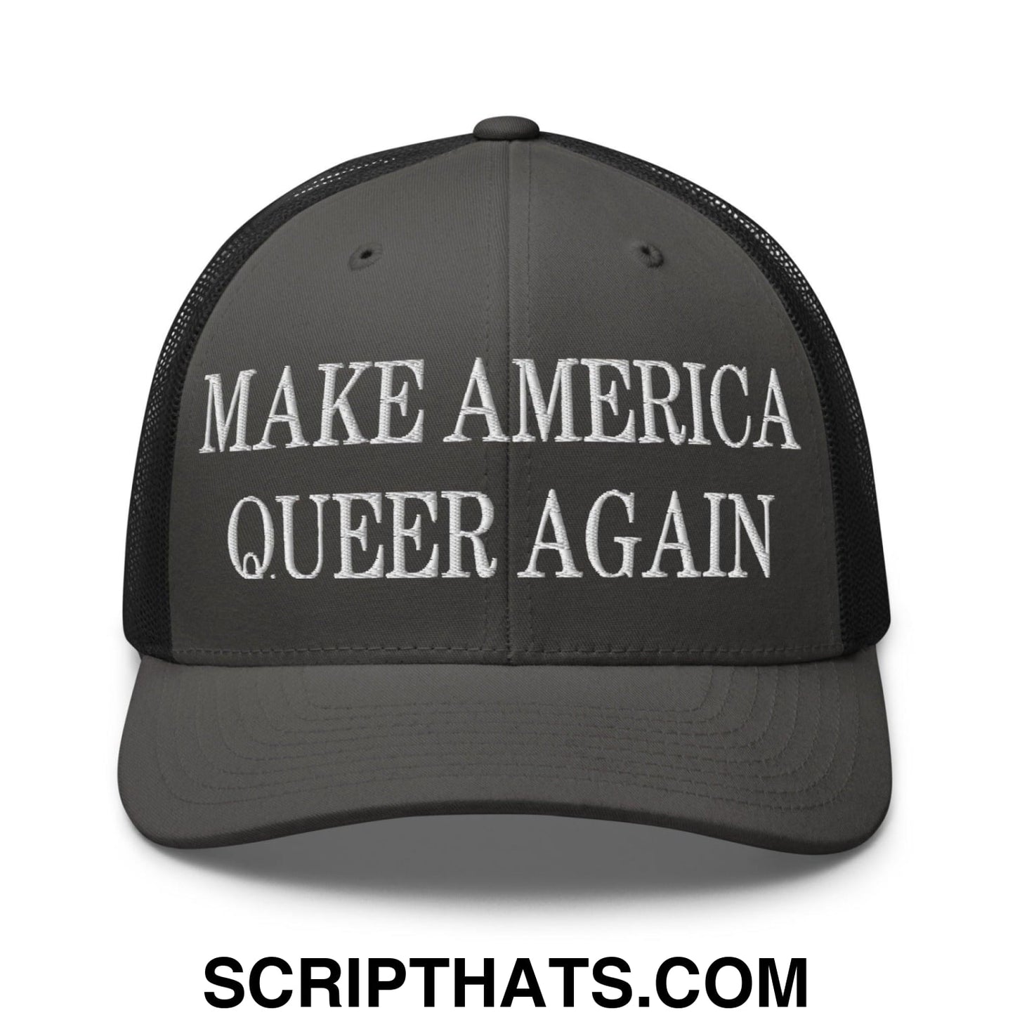 Make America Queer Again Embroidered Mesh Trucker Hat Charcoal Black