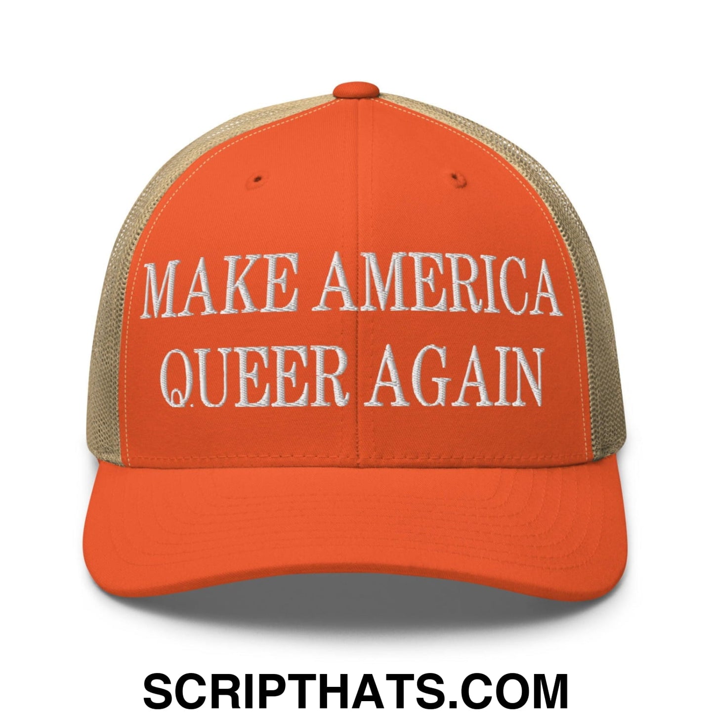 Make America Queer Again Embroidered Mesh Trucker Hat Rustic Orange Khaki