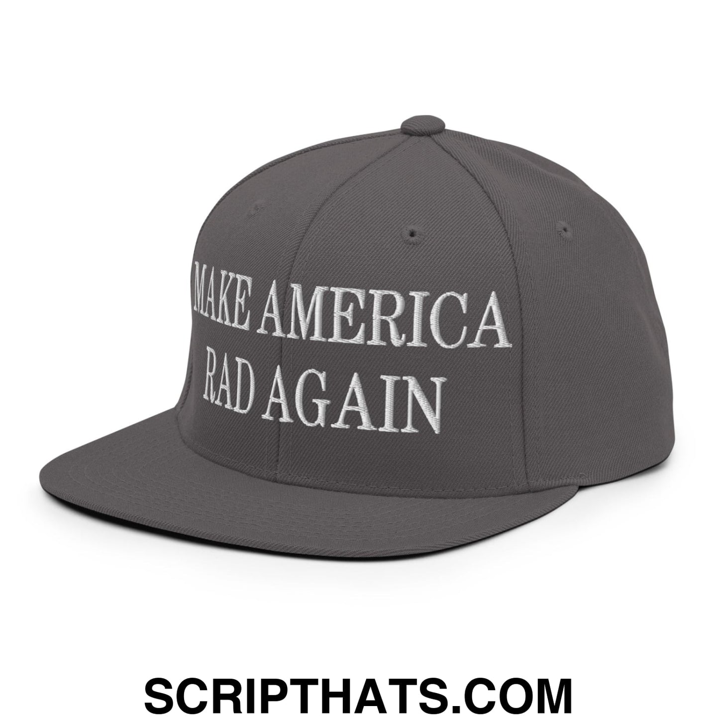 Gray snapback hat with white embroidered make america rad again text and flat bill brim for casual wear